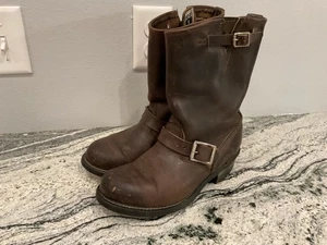 Frye Brown Leather Engineer Biker Boots Moto Buckle 8 N - Picture 1 of 13