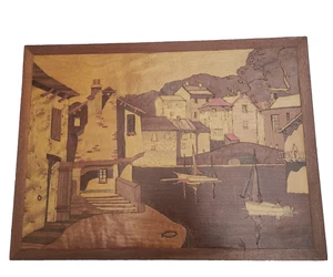 Polperro Cornwall Vintage Marquetry 1966 Inlaid Wood Picture Plaque 14'' x 10.5" - Picture 1 of 8