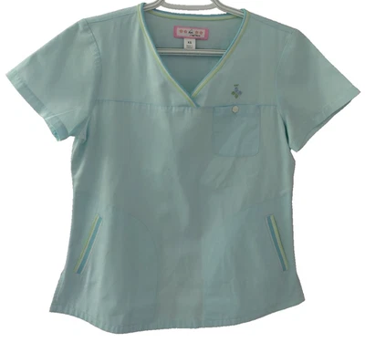 Blusa esfoliante feminina KOI by Kathy Peterson azul bordada listras contrastantes XS - Imagem 1 de 4