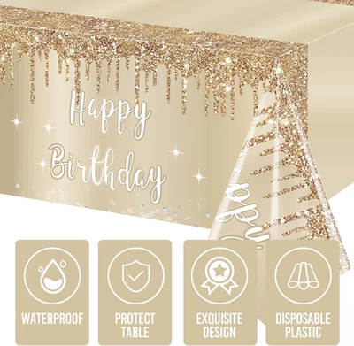 3 Pack Party Decorations Happy Gold Birthday Tablecloths for Women Girls White - Image 1 of 4