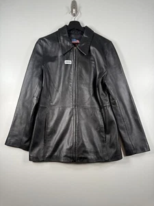 USA Leather Women Full Zip Motorycle Biker Trench Jacket Black Sz Medium 19.5x28 - Picture 1 of 16