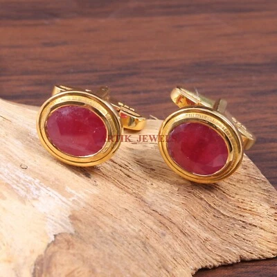 Heated Ruby Gemstone with 18k Gold Plated Silver Cufflink #2681 - Image 1 of 3