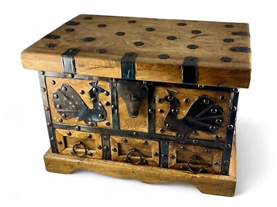 Vintage wooden tin bird steam trunk treasure chest drawers INDIA 1960's VGVC — 第 1/4 张图片