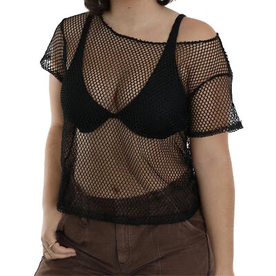 WOMENS FISHNET MESH CROP TOP WITH GEMS STRING TANK VEST BEACH CLUBWEAR PARTY - Image 1 of 4