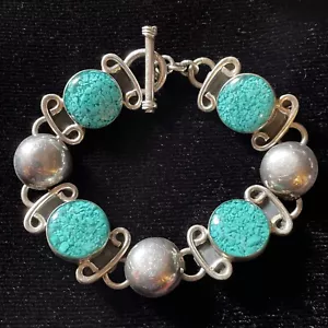 Mexico Sterling Silver 925 F-R15 Turquoise In Resin Link Toggle Bracelet 7” - Picture 1 of 9