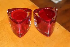 Pair of Solid Glass Cranberry Red Candle Holder Desk Tidy Triangle shape Weight - Picture 1 of 1