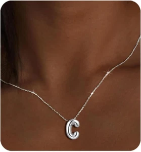 Bubble Letter Necklace Gold Initial Necklaces for Women Trendy Chunky Charm Pend - Picture 1 of 12
