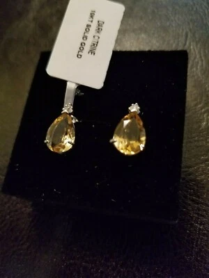 PENDIENTES TACHUELAS ORO BLANCO MACIZO 10KT CITRINO OSCURO Y DIAMANTE 3,40 CT Foto 1 de 4