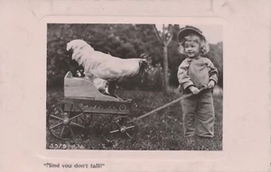 Antique RPPC Real Photo Postcard Child Rooster Chicken Bird Wagon Davidson Bros - Picture 1 of 7