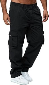 Men's Cargo Pants with Pockets Cotton Hiking Sweatpants Casual Small, Black - Picture 1 of 9