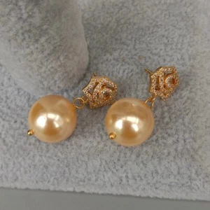 Champagne Sea Shell Pearl Dangle cubic zirconia pave Stud Earrings Party Jewelry - Picture 1 of 5