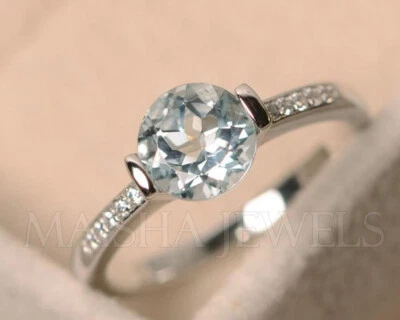 Anillo de compromiso de plata de ley 925 natural azul aguamarina piedra de nacimiento de marzo Foto 1 de 4