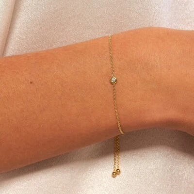 Diamond Bezel Bracelet Solid 14K Yellow White Rose Real Gold Bolo Bracelet Women - Image 1 of 2