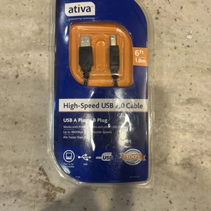 Ativa High-Speed USB 2.0 A Plug To B Plug A/B Cable 6ft Long New - Picture 1 of 2