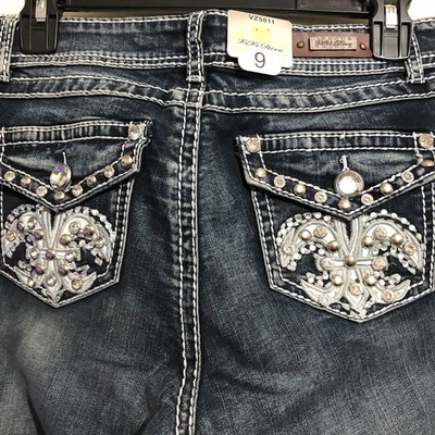 *NEW* VIVI Diva Embellished Bling Rhinestones Skinny Jeans Flap Pockets Size 9 - Image 1 of 4