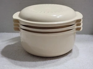 4 PIECE ALMOND TUPPERWARE MICROWAVE STACK COOKER TUPPERWAVE 3, 1 3/4 & 1 QT+ LID - Picture 1 of 7