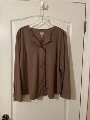 Camisa Blusa Top Chico’s Imitación Gamuza Volantes Marrón Manga Larga Talla 3 (XL) Boho Foto 1 de 4