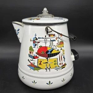 Enamel Coffee Pot Folk Art Vintage Farmhouse White Enamelware - Picture 1 of 13