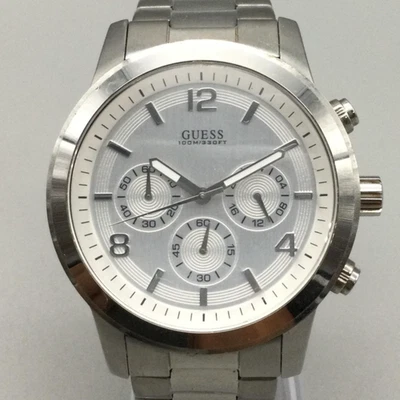 Guess Watch Mens 44mm Stainless 100M Silver Dial Chronograph New Battery 7" - Image 1 of 4
