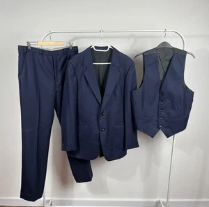 Vintage Navy Pinstripe Wool Suit 3-Piece Set 40R Blazer Vest Trousers - Picture 1 of 20