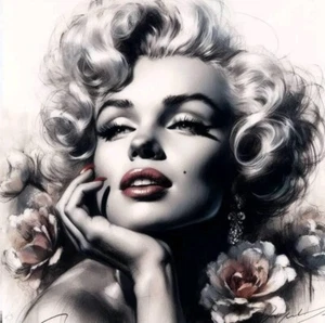 8x8 Black & White Marilyn Monroe w. Flowers #1 Craft & Quilt Cotton Fabric Block - Picture 1 of 1