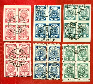 LATVIA LETTLAND 1919 BLOCK OF 4 STAMPS (24) Sc.3-8 ARMS USED 456 - Picture 1 of 2