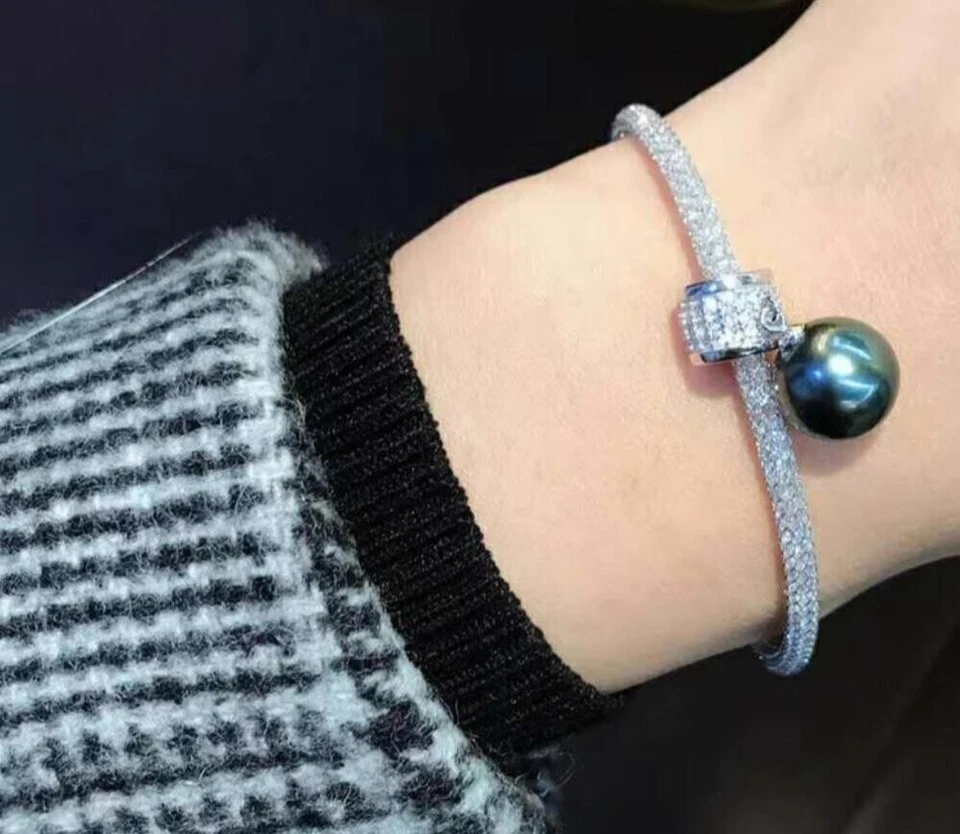 Gorgeous HUGE AAAAA 11-12mm south sea Black Green ROUND pearl Bracelet 925s - Image 1 of 4