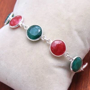 Faceted Ruby & Emerald Round Gemstone Bracelet,925 Sterling Silver Bracelet,Gift - Picture 1 of 8