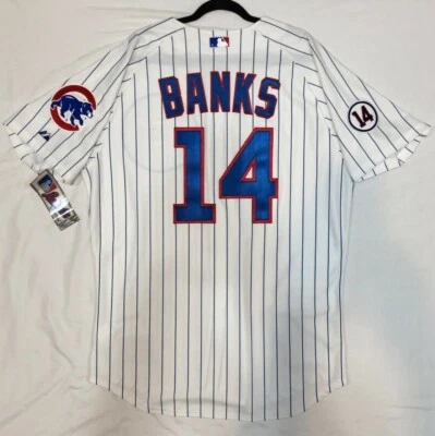 ¡Auténtico! Majestic, 48 XL, CHICAGO CUBS CAMISETA A RAYAS, ERNIE BANKS ON FIELD Foto 1 de 4