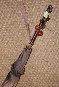 Antique Kendall Ladies Umbrella W/ Rustic Branch Handle With Amber Cherries - Picture 1 of 12