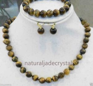 Natural 10MM Yellow Tiger Eye Round Bead Gemstone Necklace Bracelet Earrings Set