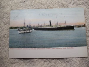 Cunard Steamship Ivirnia Battleship Olympia Boston Harbor 1901 MA Postcard FREE - Picture 1 of 2