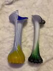 Vintage Murano Jack In The Pulpit Lily Blue Yellow White Glass Vase 2 Set