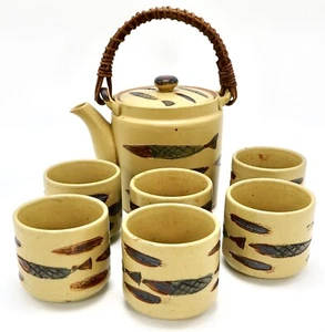 Tea Pot Matching Cups Beige Decorative Rustic Stoneware Cabin Lodge Fish Pattern - Picture 1 of 24