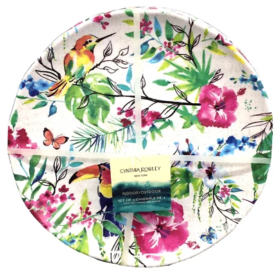 4 Cynthia Rowley Melamine Dinner Plate Set Tropical Floral Birds Toucan Hibiscus - Image 1 of 4
