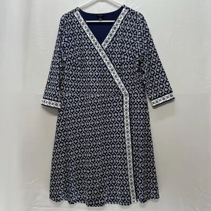 Abito Talbots 1X maglia finta avvolgente blu navy stampa geo scollo a V manica 3/4 ginocchio - Foto 1 di 8