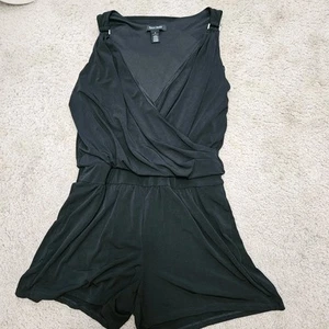 White House Black Market Black Shorts Romper Wrap Top Silver Accents Pocket sz 8 - Picture 1 of 7