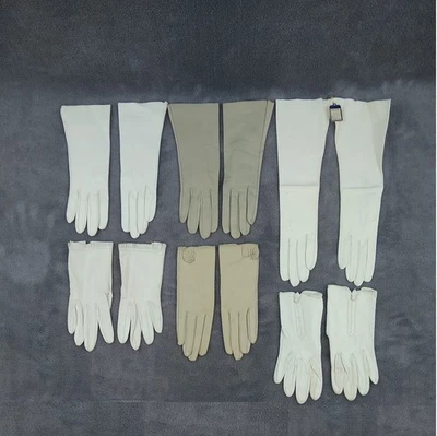 复古 批量 20 世纪 50 年代 女式手套 批量 Kidskin 皮革 6 对 白色 棕褐色 长短 — 第 1/4 张图片