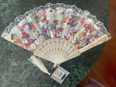 Vtg Oriental Asian Foldable Hand Fan Eventail  Floral lace silver accents New - Image 1 of 4