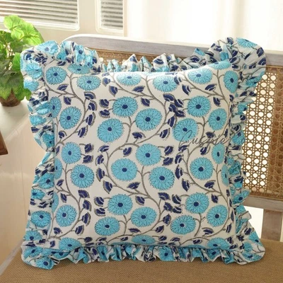 Indian Block Print Cushion, Boho Cushions, Frilly Cushion, Autumn Decor, Decor - Image 1 of 4