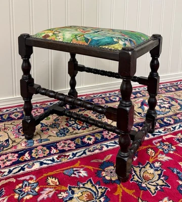 Antique English Upholstered Bench Stool Turned Leg Carved Oak c. 1930s - Image 1 of 4