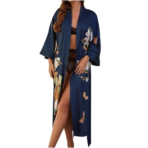 ( S ) Women’s Kimono Robe Cover Up Long Floral Printed Sleepwear Satin - Picture 1 of 6