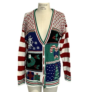 Lustiger Weihnachtspullover V-Ausschnitt Strickjacke Gr. XL Zuckerstangen Schneeflocken hässlich :) - Bild 1 von 8