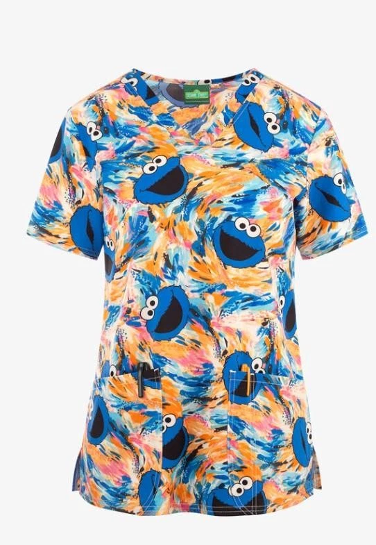 New WOMENS Tooniforms V-NECK SESAME STREET COOKIE MONSTER SCRUB TOP SCRUBS L - Image 1 of 1