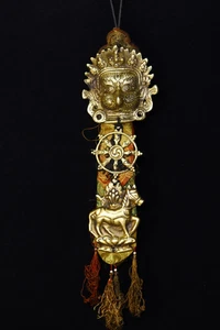Bronze Cinnabar Mahakala Head Mask Horse Buddha Card prayer flags Pendant Amulet - Picture 1 of 9