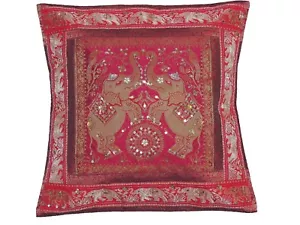 Magenta Gold Elephant Cushion Cover - Zari Brocade Beaded Throw Pillow 16" - Picture 1 of 3