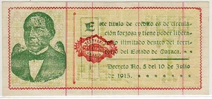LA TESORERÍA GENERAL DEL ESTADO DE OAXACA 10.8.1915 1 PESO (PICK#S953e) CU RARO - Imagen 1 de 2