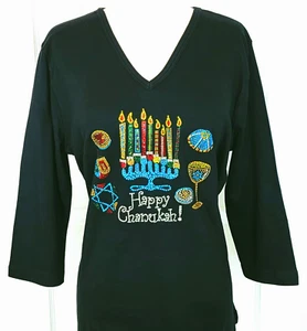 Top S M L o XL tutto strass Bling Happy Chanukah Dreidel Menorah Holiday - Foto 1 di 2
