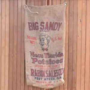 VTG. BURLAP SAC BAG BIG SANDY NEW FLORIDA POTATOES ADVERTISING FORT MEYERS, FLA - Picture 1 of 7