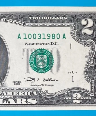 October 3, 1980 / 10 March 1980 : A 10031980 A BIRTHDAY Note $2 Two Dollar Bill - Image 1 of 3